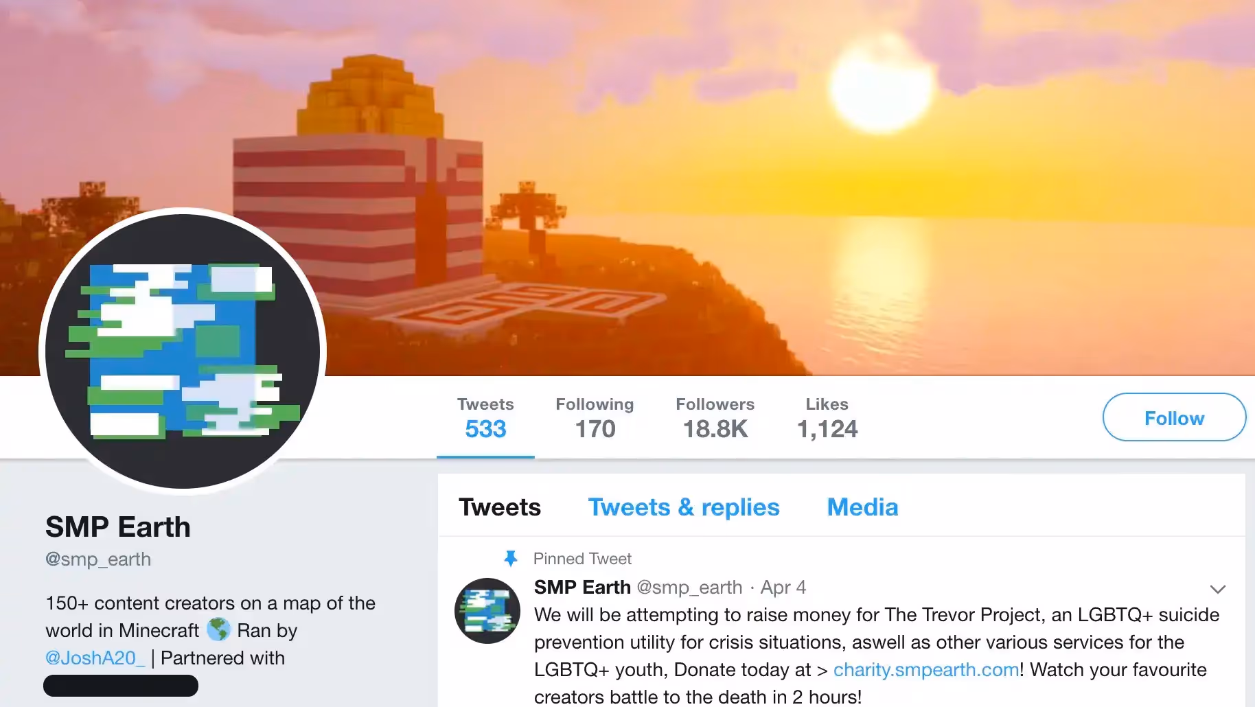 the official SMPEarth twitter page with a header that clearly depicts Jeffery Epstein's temple on Little St. James Island